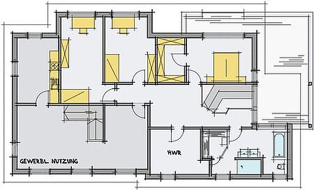 Grafische Darstellung des Obergeschosses einer Praxis mit Einliegerwohnung