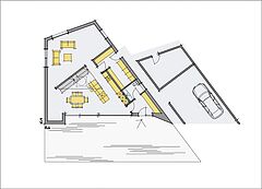 Der Grundriss der ersten Etage im modernen skandinavischen Holzhauses "Funkis 2"